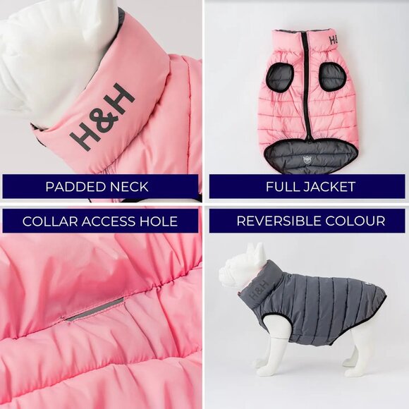 New Reversible Dog Puffer Jacket Pink and Grey - Picture 3 of 3